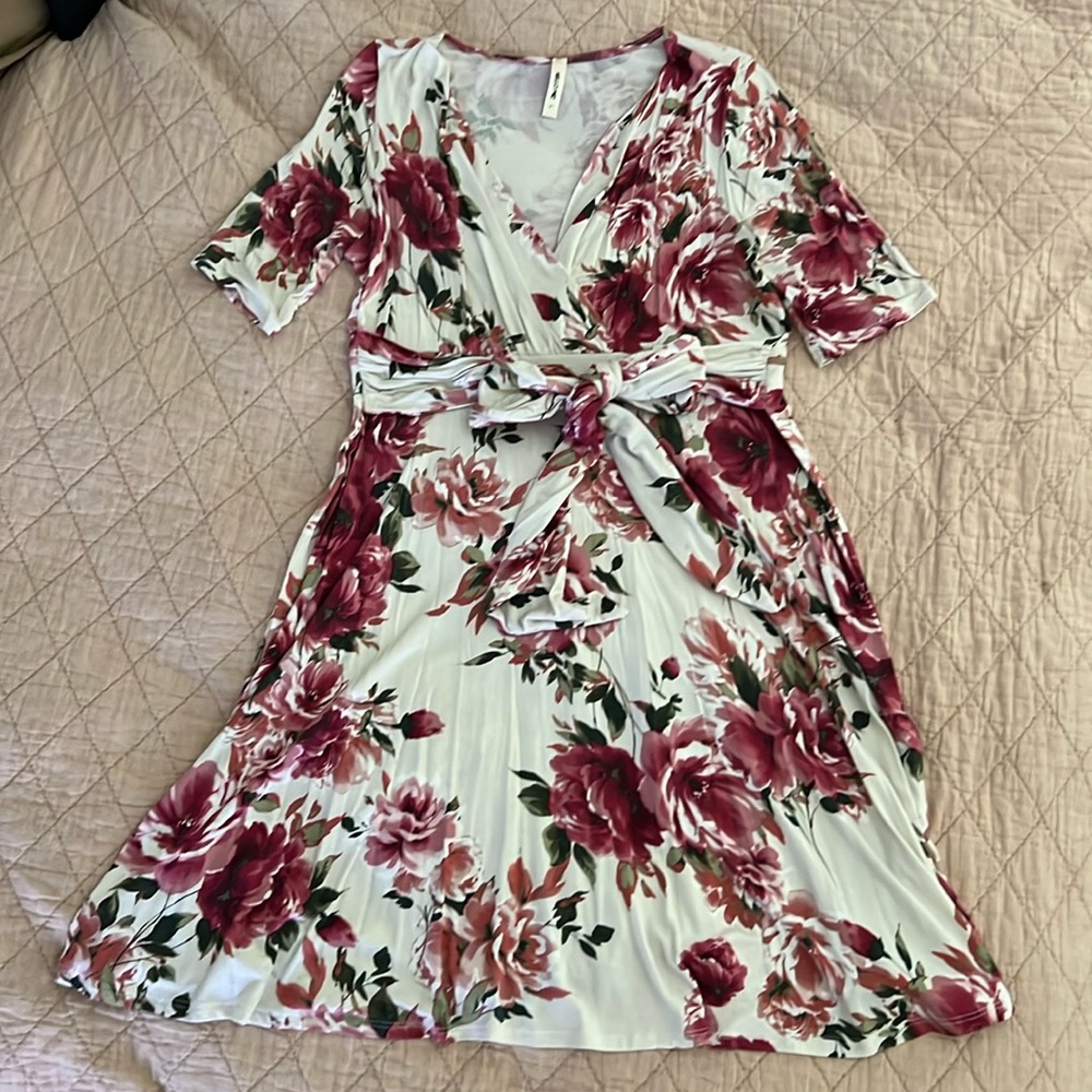 Hello MIZ Magenta Floral Faux Wrap Maternity Dress